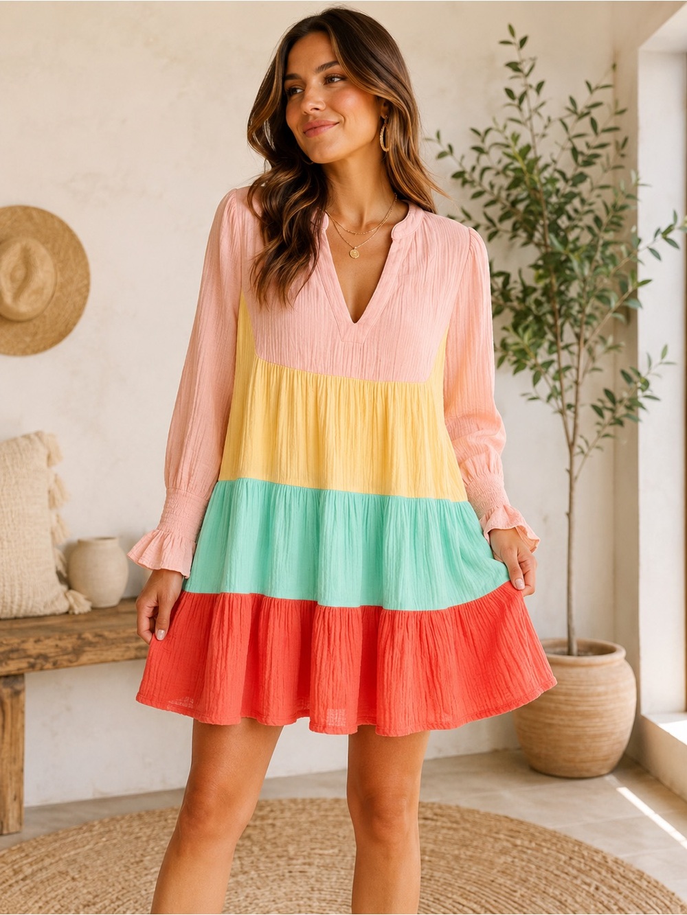 Pomander Place Colorblock Cotton Gauze Tiered Mini Dress | Size Large